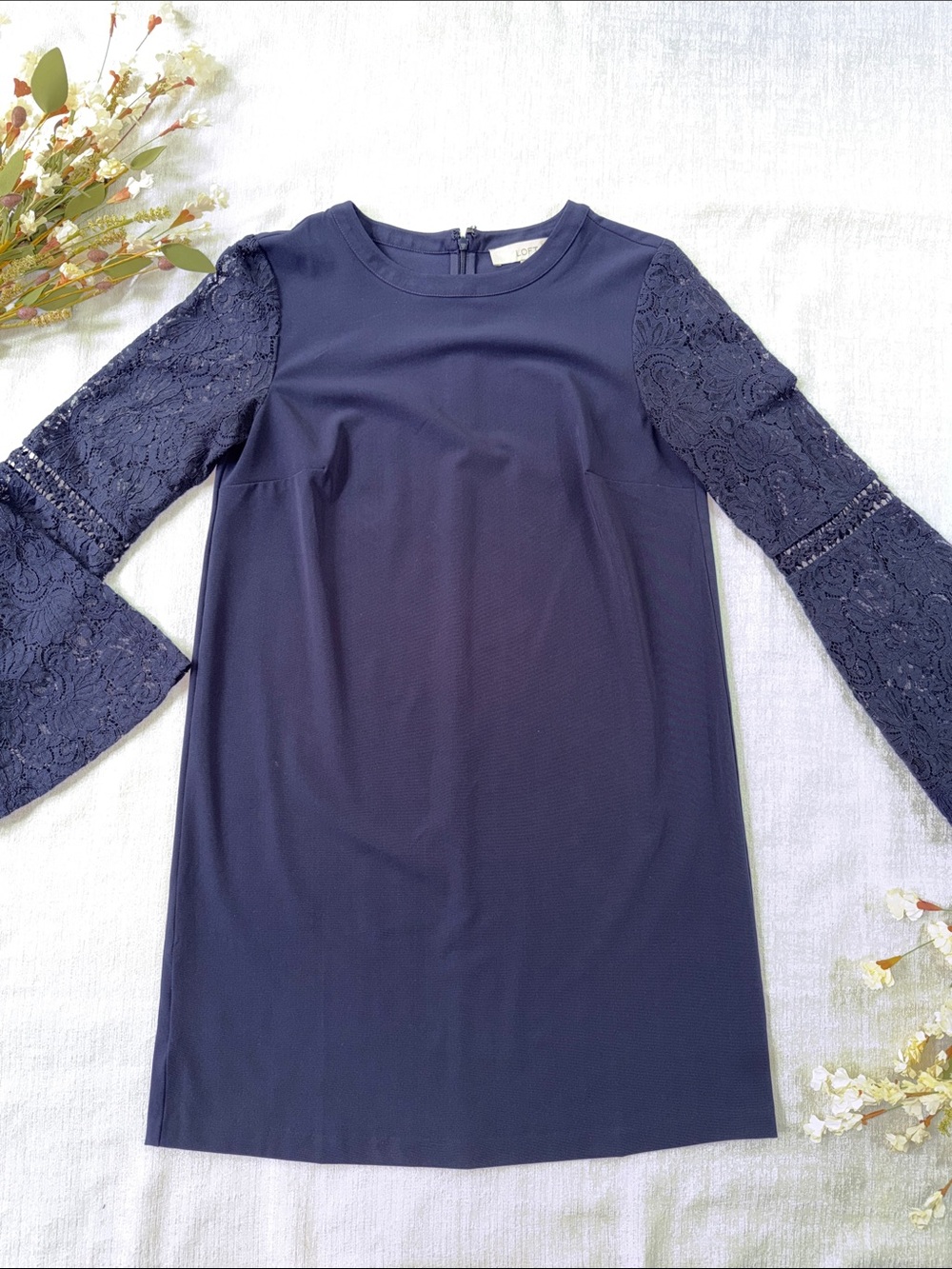 Women's Navy Lace Bell Sleeve Shift Dress
